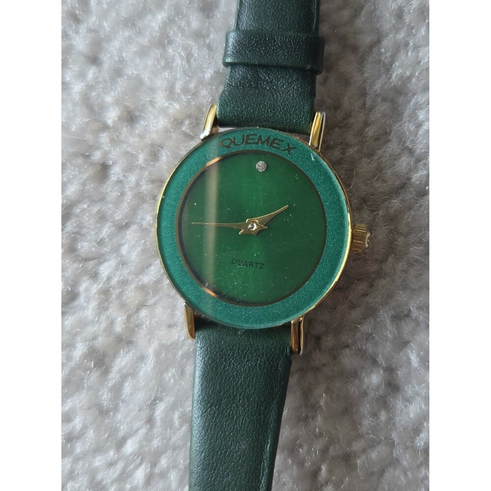 Quemex Women's Emerald Green Glitter Dial Quartz Watch Genuine Leather Strap